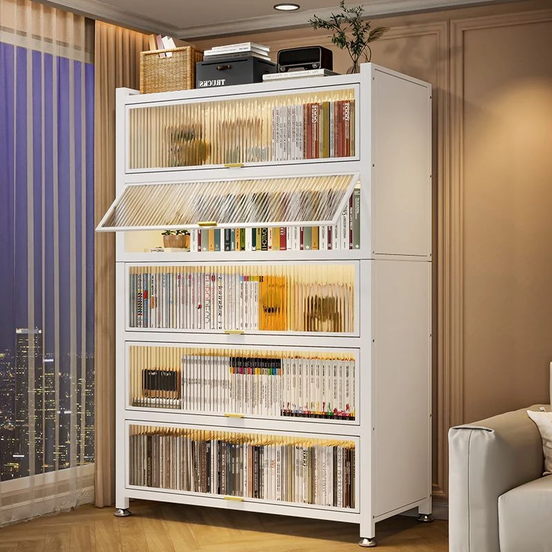 轻奢家用大容量钢制书柜简易落地儿童书架防尘卧室客厅上翻门书柜