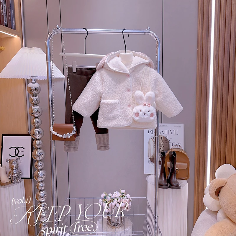 女小童加绒外套秋冬款2024新款洋气时髦加厚保暖女宝宝韩版毛毛衣