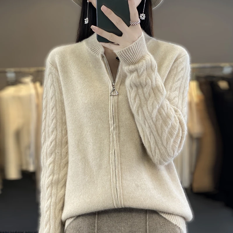 新款秋冬圆领休闲加厚外套女宽松拉链针织毛衣开衫时尚羊毛上衣