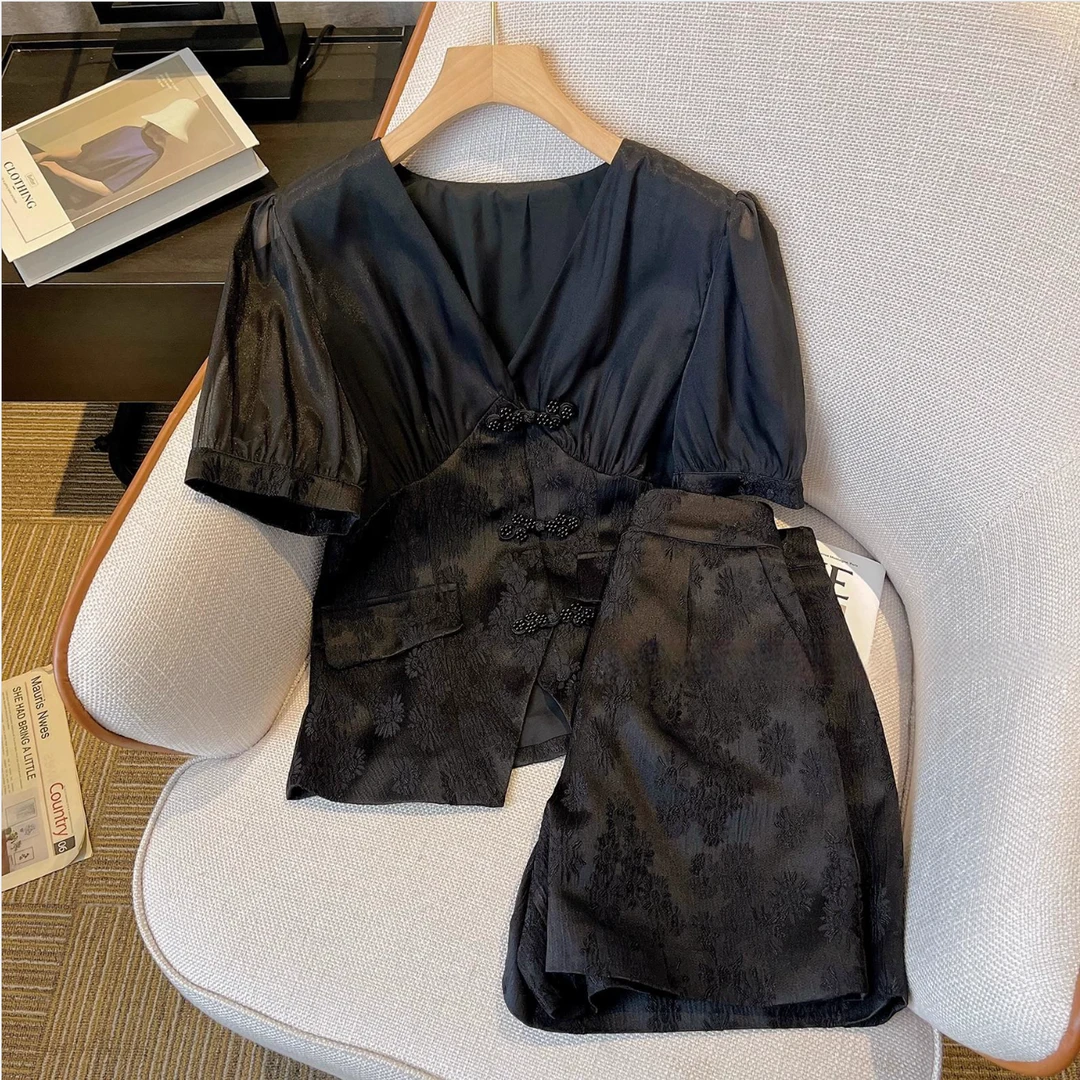 0217新中式国风套装女2024新款夏大码女装高端小个子短裤两件套装