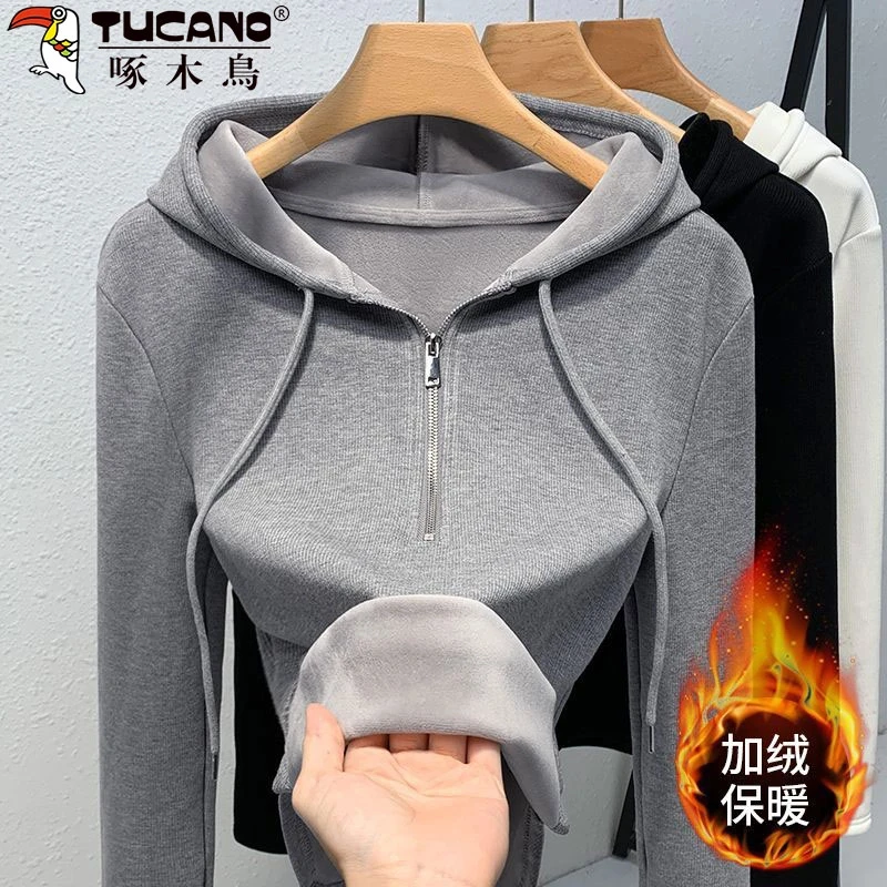 啄木鸟棉半拉链连帽卫衣女秋冬加绒加厚内搭打底衫短款t恤上衣服