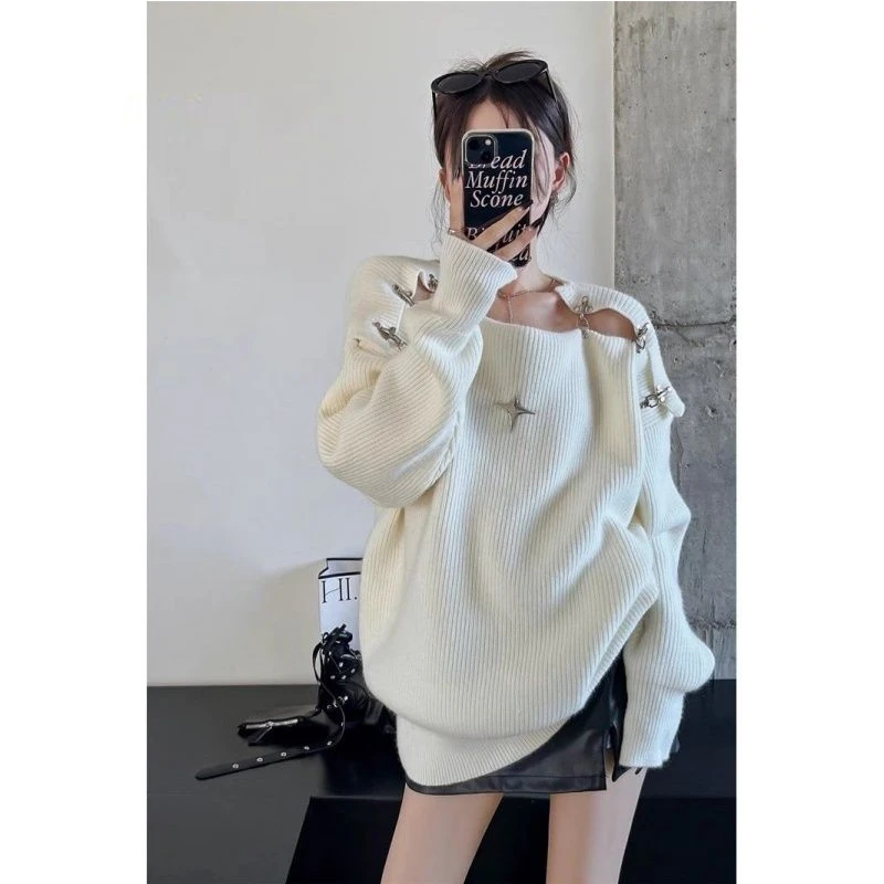 秋冬潮流慵懒百搭针织上衣厚实一字肩网红设计感ins宽松时尚毛衣
