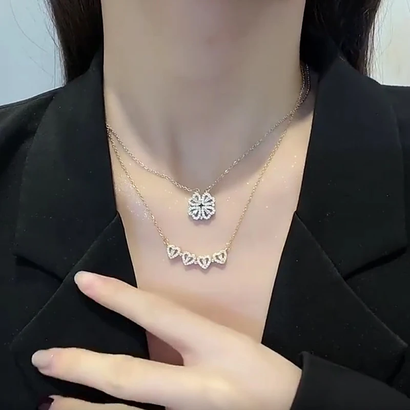 合金项链 多功能爱心四叶草项链女520吊坠心相连磁吸铁锁骨链