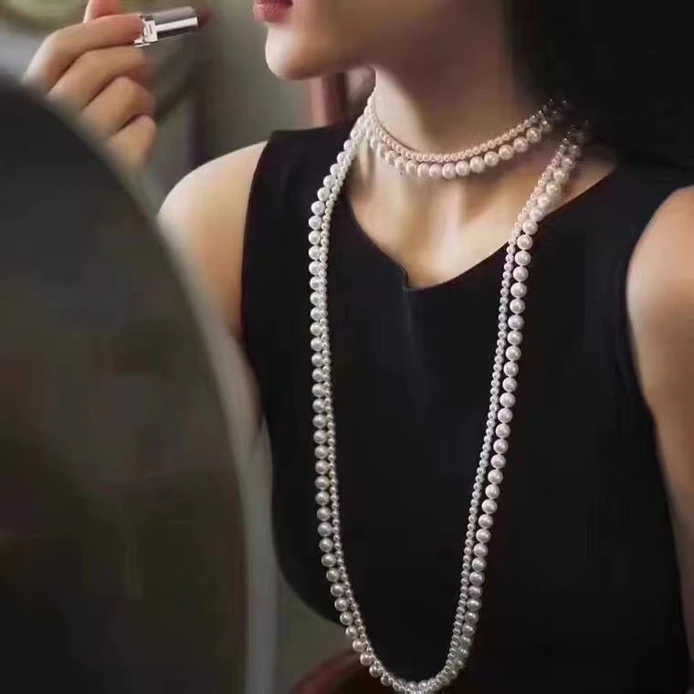 非金属项链 仿珍珠项链女长款礼服配饰大小错落毛衣链链子项饰