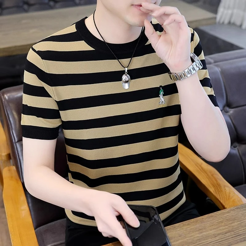 高端休闲冰丝短袖t恤男夏季潮流修身痞帅半袖潮牌条纹针织衫上衣