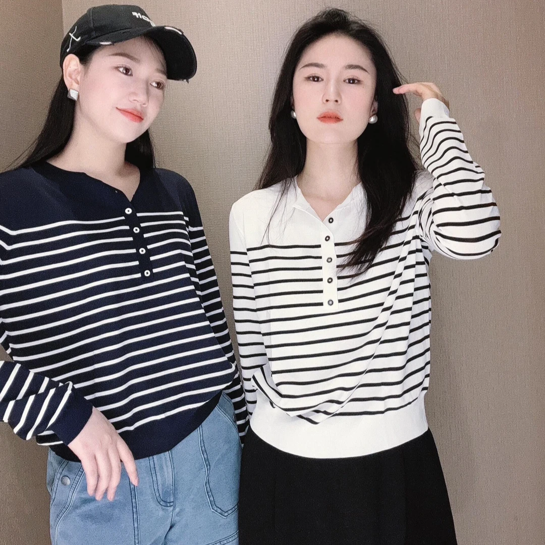 金灵猫A货号5399732新款百搭长袖条纹冰丝针织上衣女