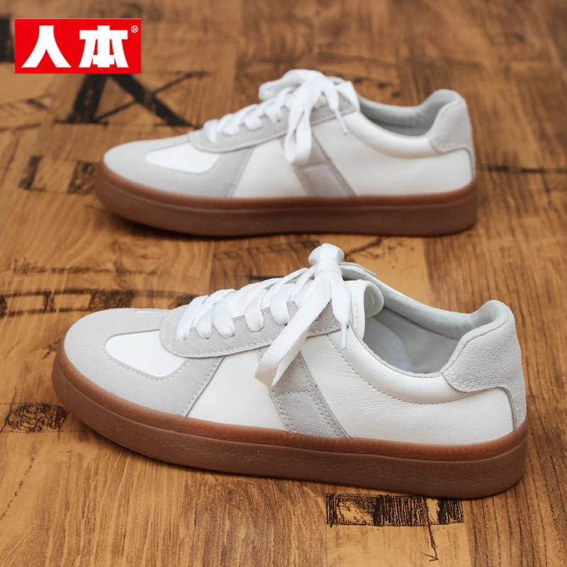 人本德训鞋子女2025秋季新款百搭休闲皮面帆布鞋小众复古运动板鞋