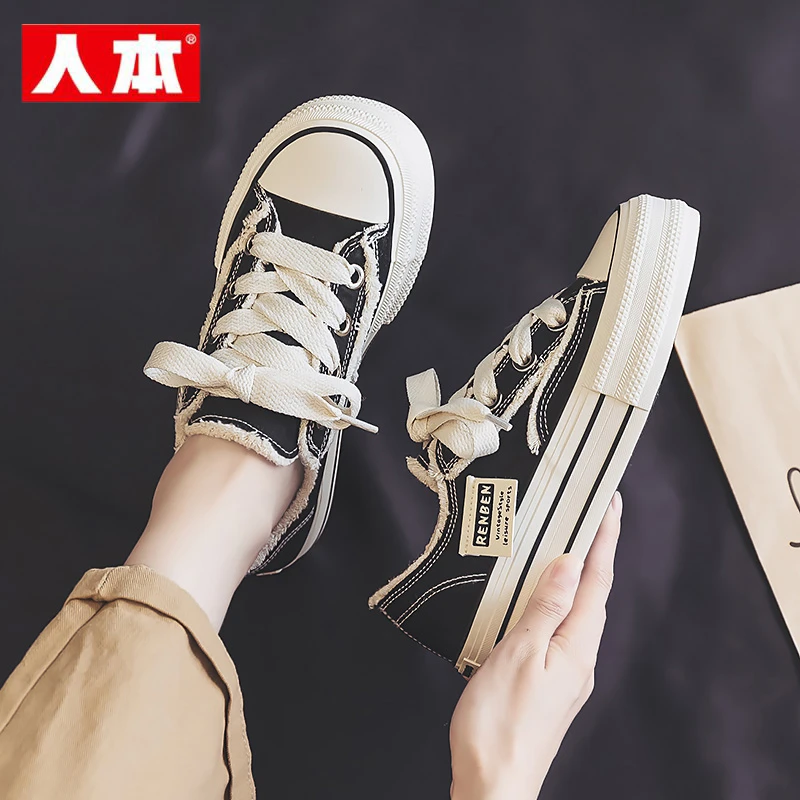 人本厚底帆布鞋女2025秋季新款松糕板鞋小白鞋百搭布鞋休闲乞丐鞋