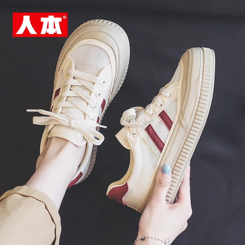 人本帆布鞋女2025新款夏季网面透气薄款网鞋厚底休闲百搭小白板鞋