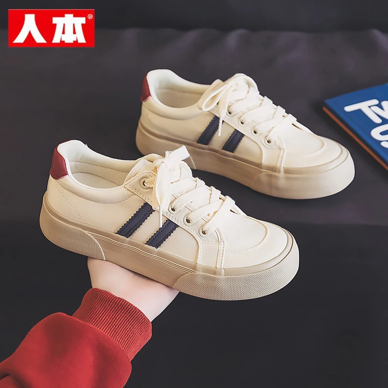 人本帆布鞋女2025秋季新款小众百搭厚底小白鞋休闲板鞋学生运动鞋