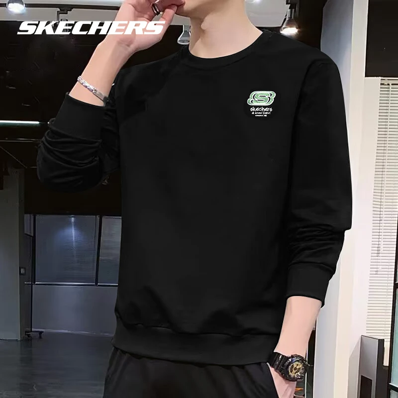 斯凯奇男士加厚卫衣秋季透气内搭打底衫毛线纯色圆领宽松针织衫