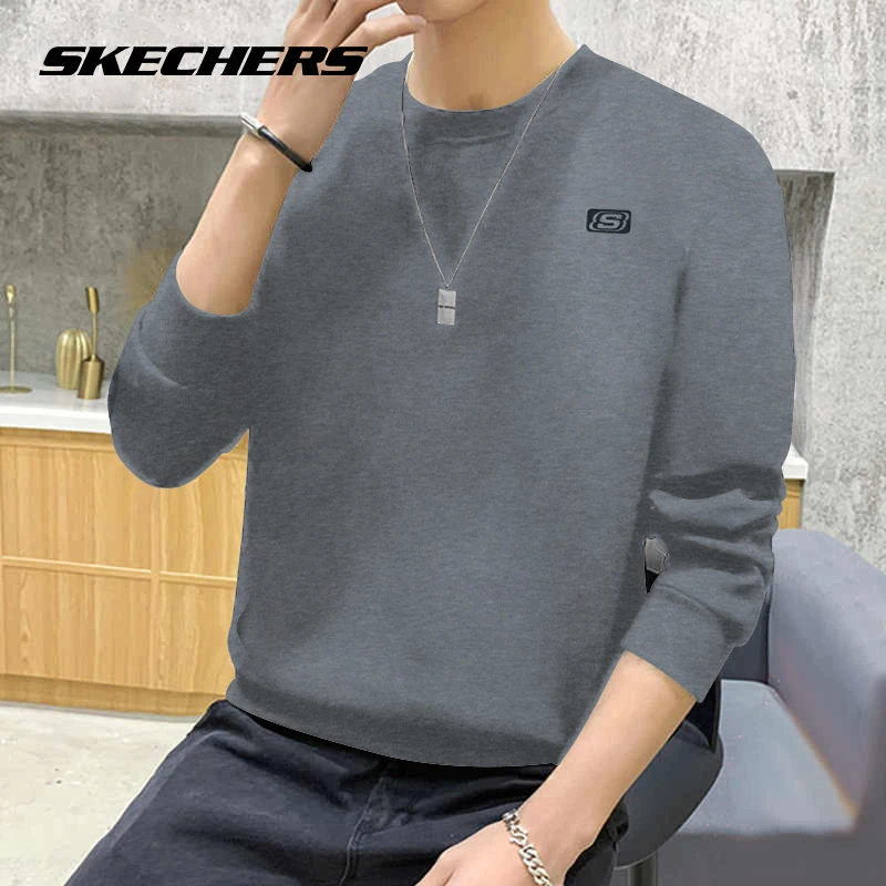 斯凯奇灰色运动卫衣男春季宽松休闲百搭圆领套头加绒男士长袖外套