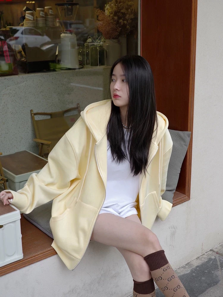 连帽卫衣2024新款秋冬宽松bf慵懒风加绒加厚中长款开衫潮流外套女