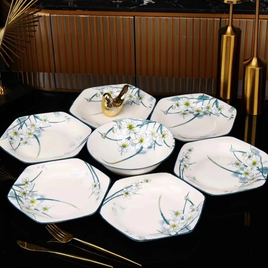 【8件套】水仙花六角拼盘六个，送8英寸大汤碗大汤勺