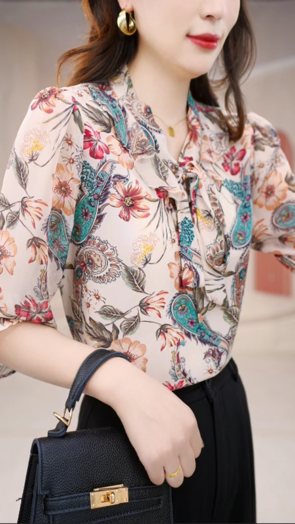 FZ153一枕槐安温柔飘带2024新款V领衬衫时髦小衫飘逸上衣百搭衬衣