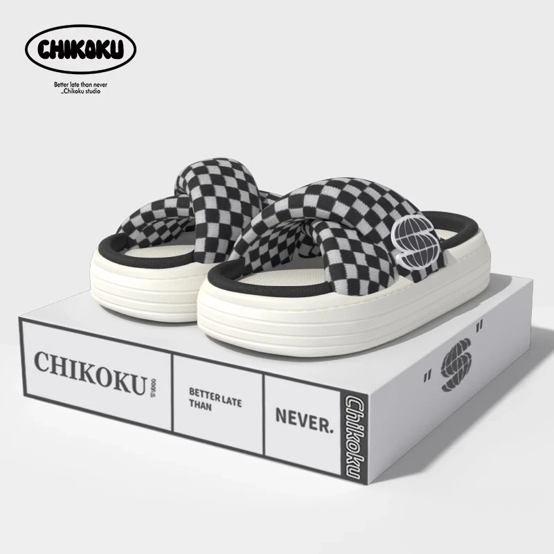 chikoku棋盘格交叉亚麻拖鞋女ins厚底居家用防滑吸汗四季麻拖情侣