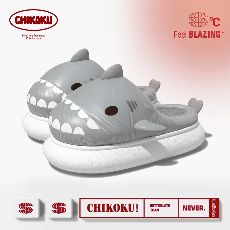 chikoku秋冬鲨鱼棉拖鞋冬季情侣厚底居家暖毛绒包头棉拖男士外穿