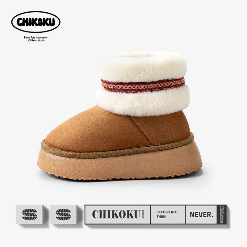 chikoku民族风雪地靴女秋冬居家防滑棉拖鞋包跟保暖可爱毛拖鞋