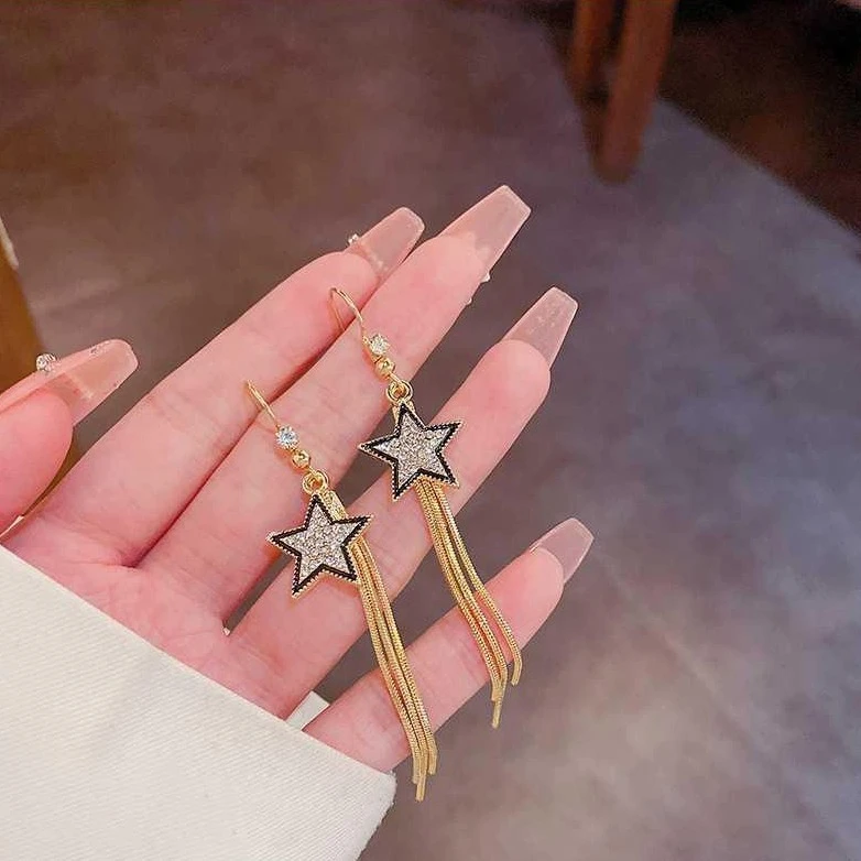 满钻长款流苏星星耳环女ins潮流网红耳钩百搭简约气质耳钉