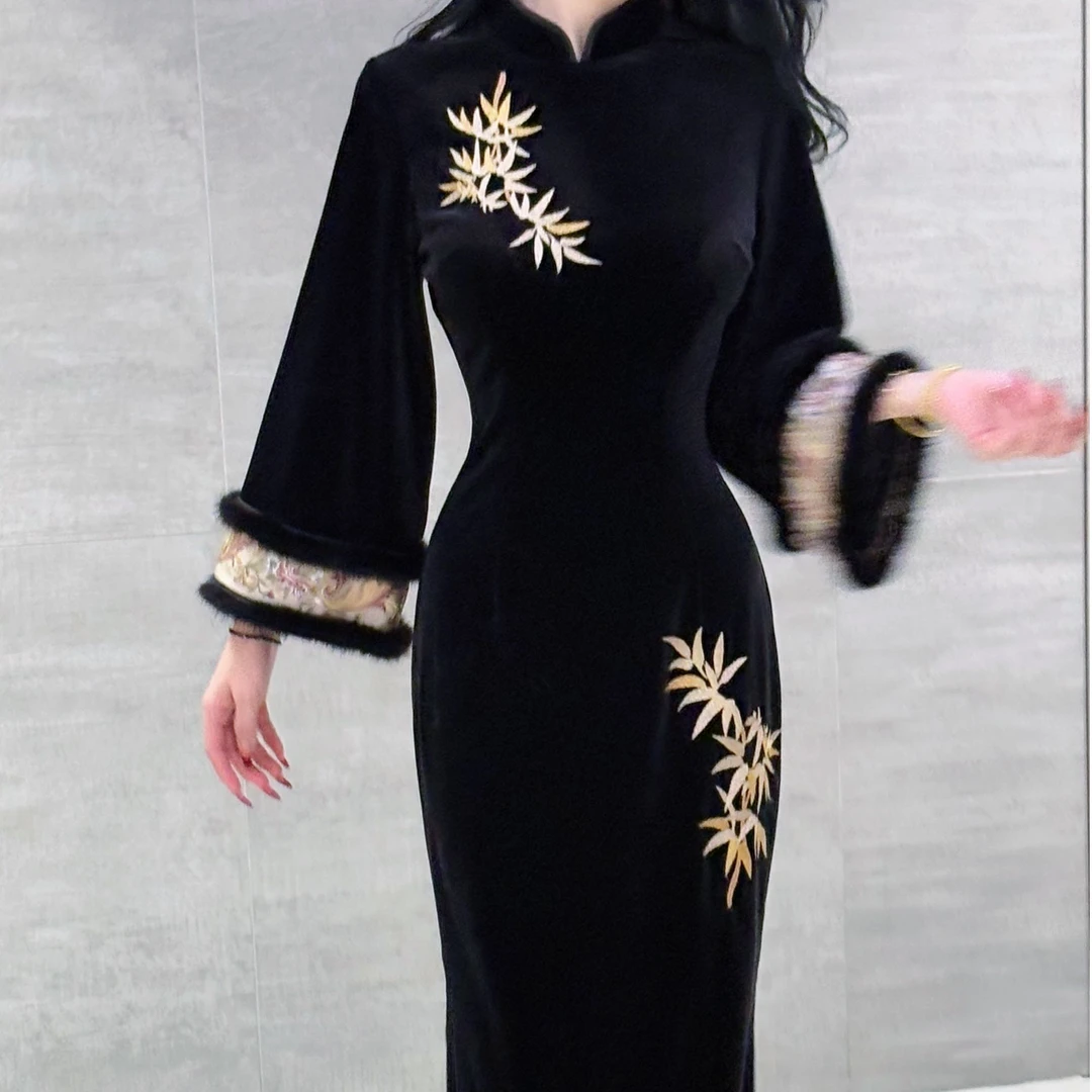 LHMknk1画报夫人刺绣倒大袖真水貂领旗袍金竹倒大袖 特价不退换