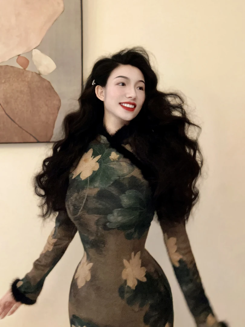 复活特价画报夫人原创自制水貂毛毛条绒面针织旗袍连衣裙清荷旗袍