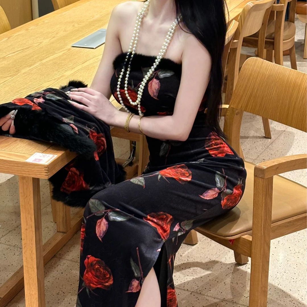 画报夫人原创自制丝绒吊带裙兔毛套装  玫瑰万般