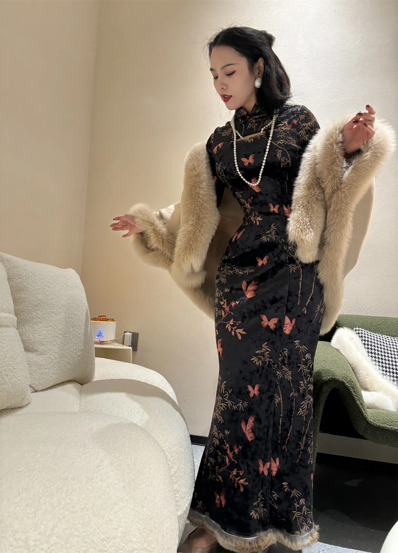 画报夫人原创自制秋冬厚款加绒新中式兔毛鱼尾旗袍连衣裙  峨眉