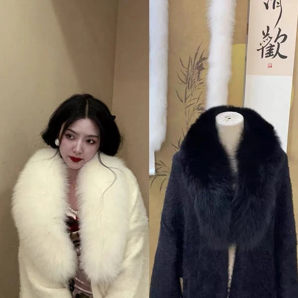 LHMknk1画报夫人原创自制国风秋冬贵妇毛领慵懒版青果领大衣外套
