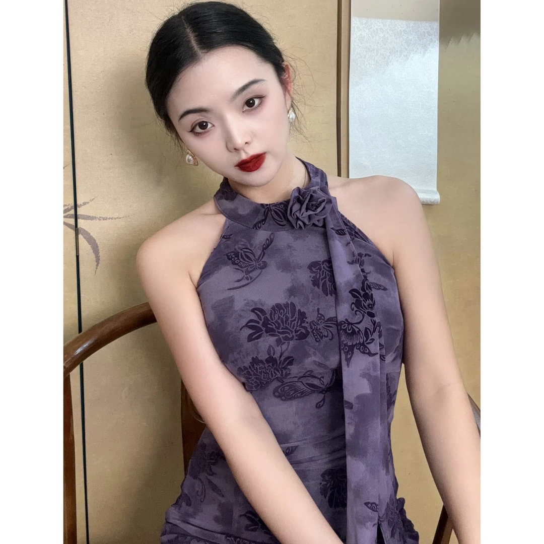 LHMknk1画报夫人原创自制植绒烧花弹力网纱鱼尾旗袍连衣裙 灰见紫