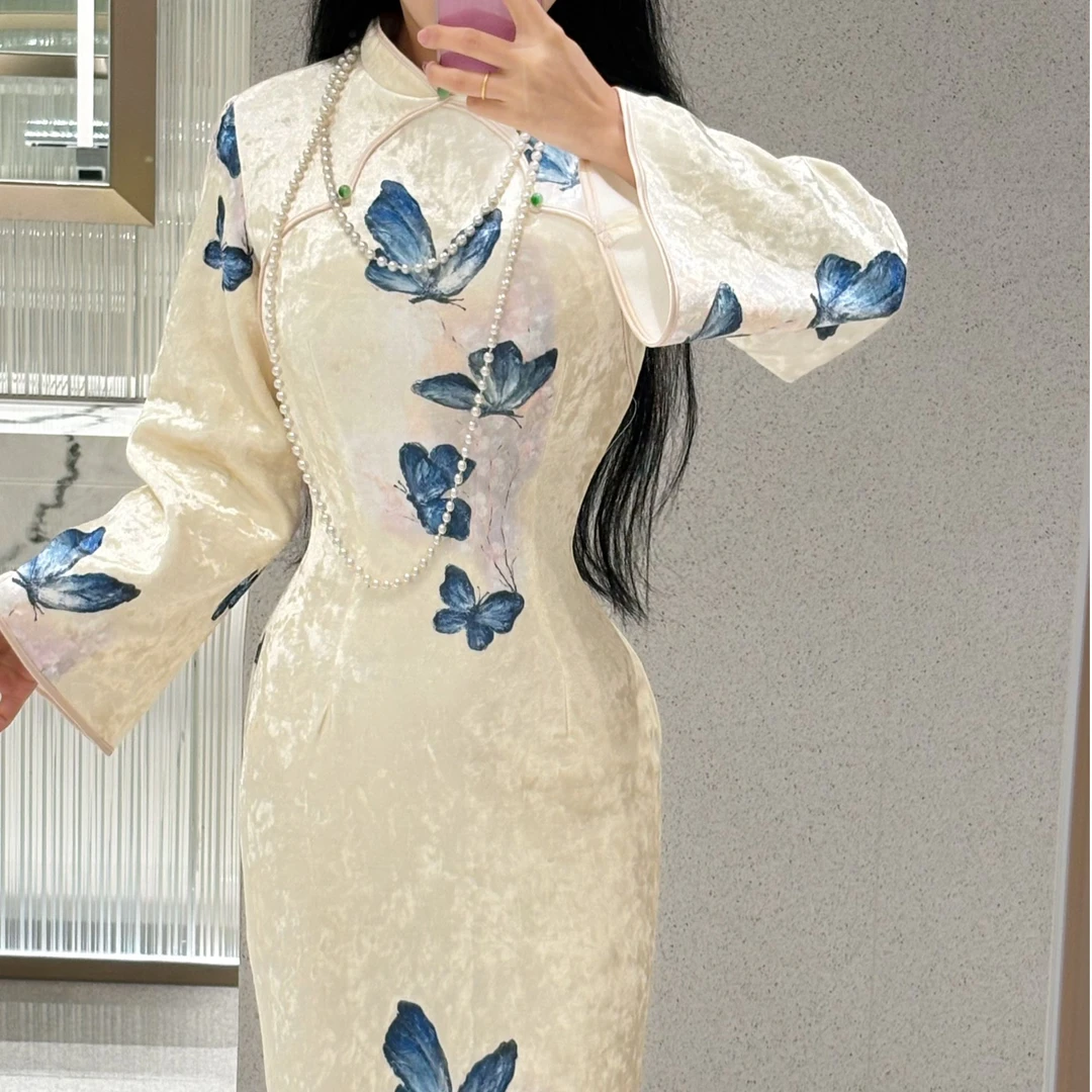 LHMknk1活动画报夫人原创新中式丝绒厚款旗袍非定位花 沉沦蝴蝶