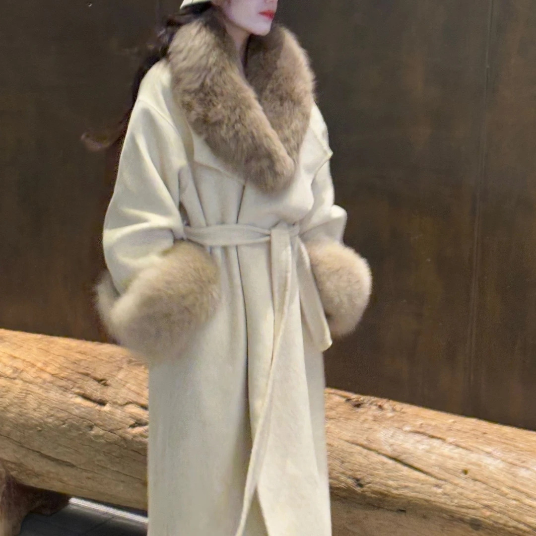 画报夫人原创自制留洋千金高级双面羊毛大衣奶白色翻领大衣