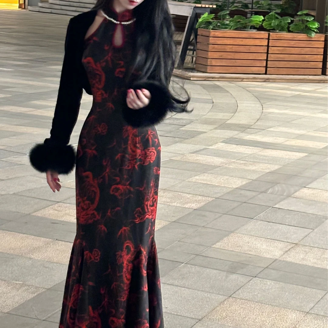 50万粉丝福利画报夫人原创自制新中式厚款步步生莲连衣裙龙后