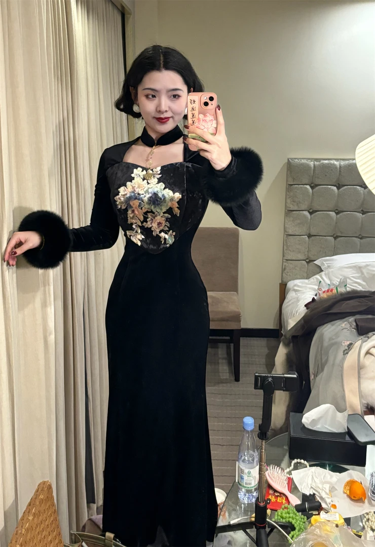 画报夫人原创自制新中式国风倒三角拼接设计鱼尾连衣裙 黑娘子