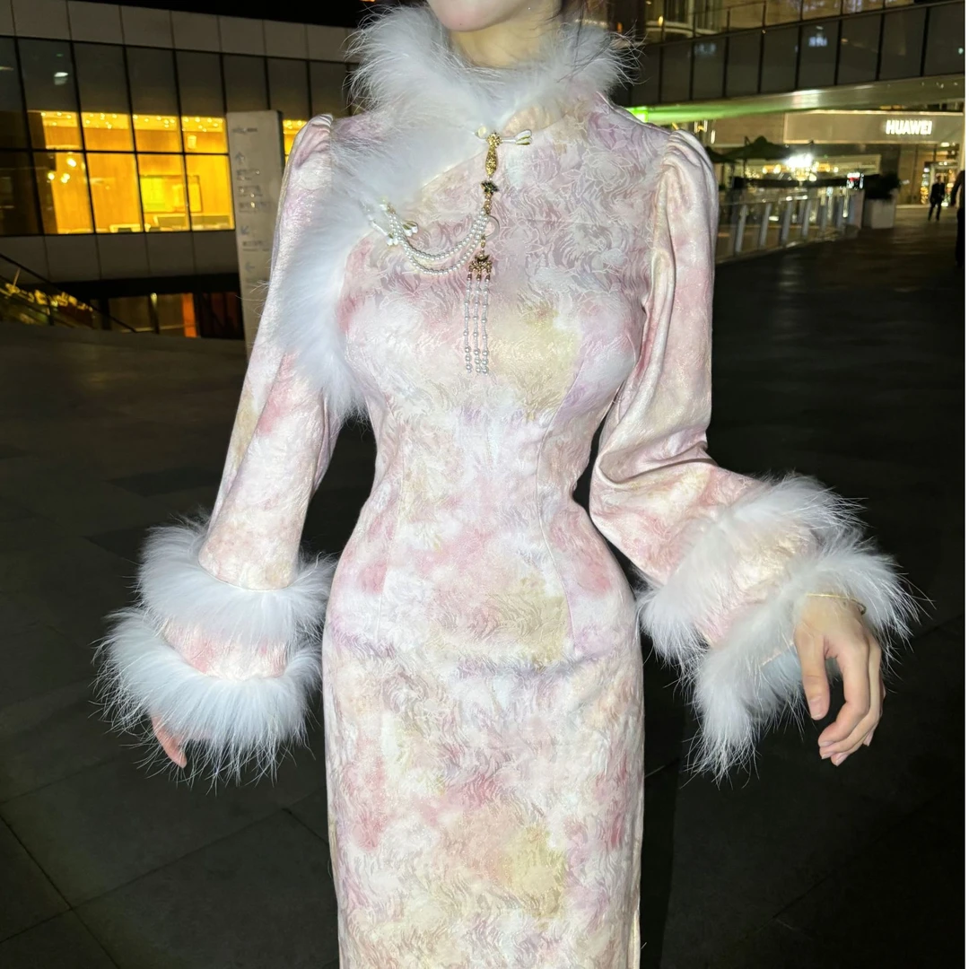 LHMknk1画报夫人原创自制新中式秋冬厚款温柔旗袍连衣裙 粉花落香