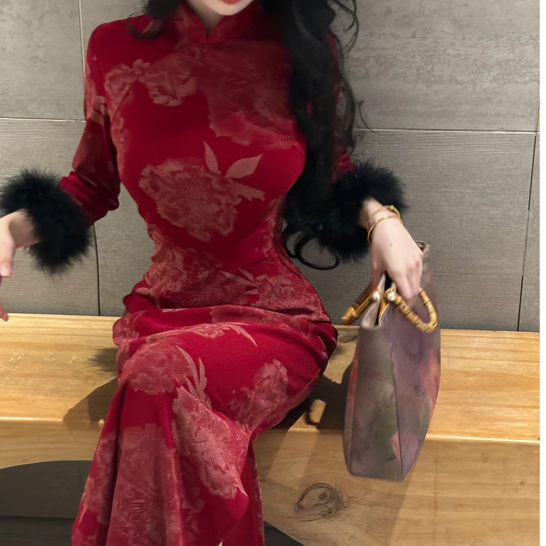 LHMknk1画报夫人原创自制高级秋冬烫金旗袍连衣裙 更爱朱砂