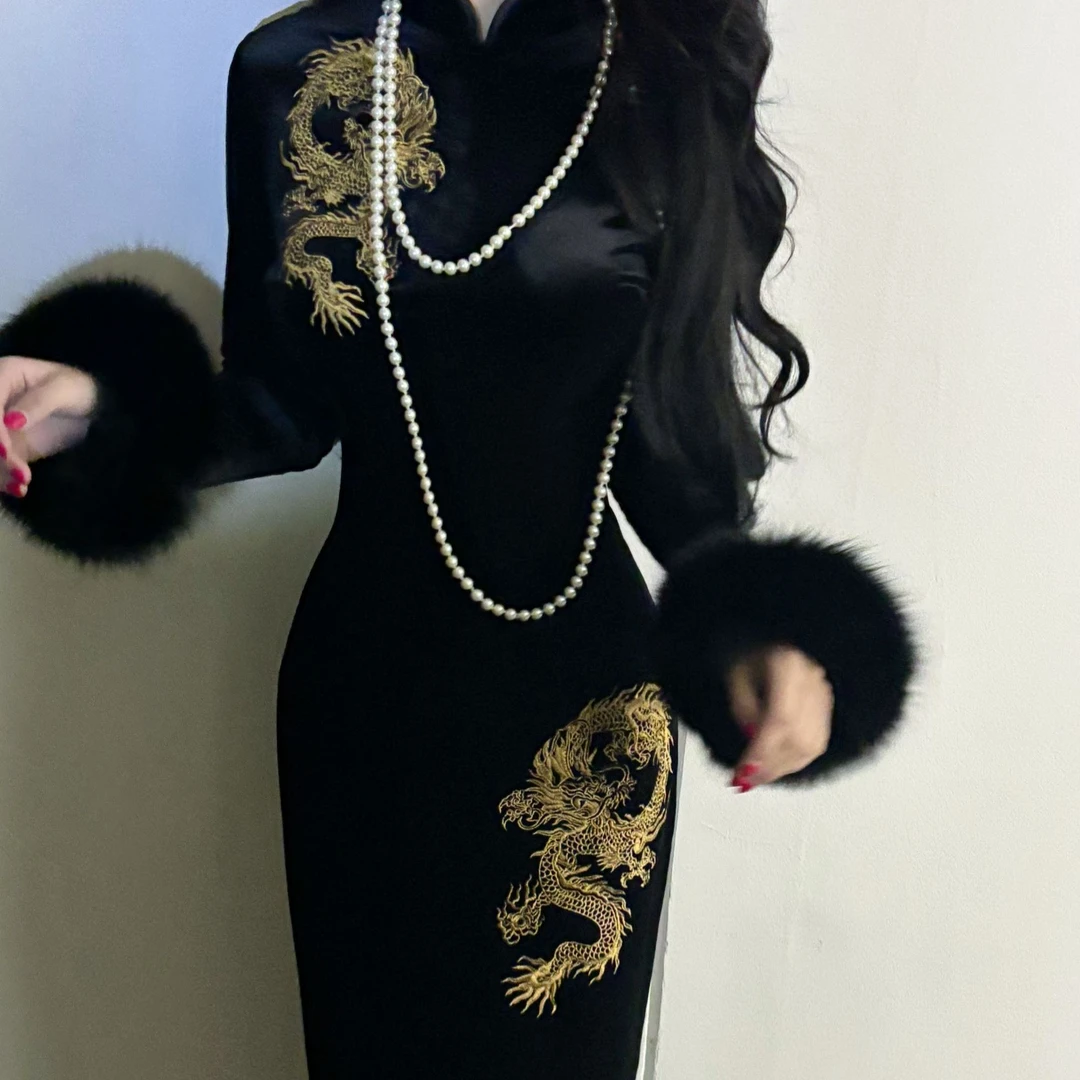 LHMknk1活动画报夫人原创自制高级刺绣龙丝绒旗袍连衣裙 长袖金龙