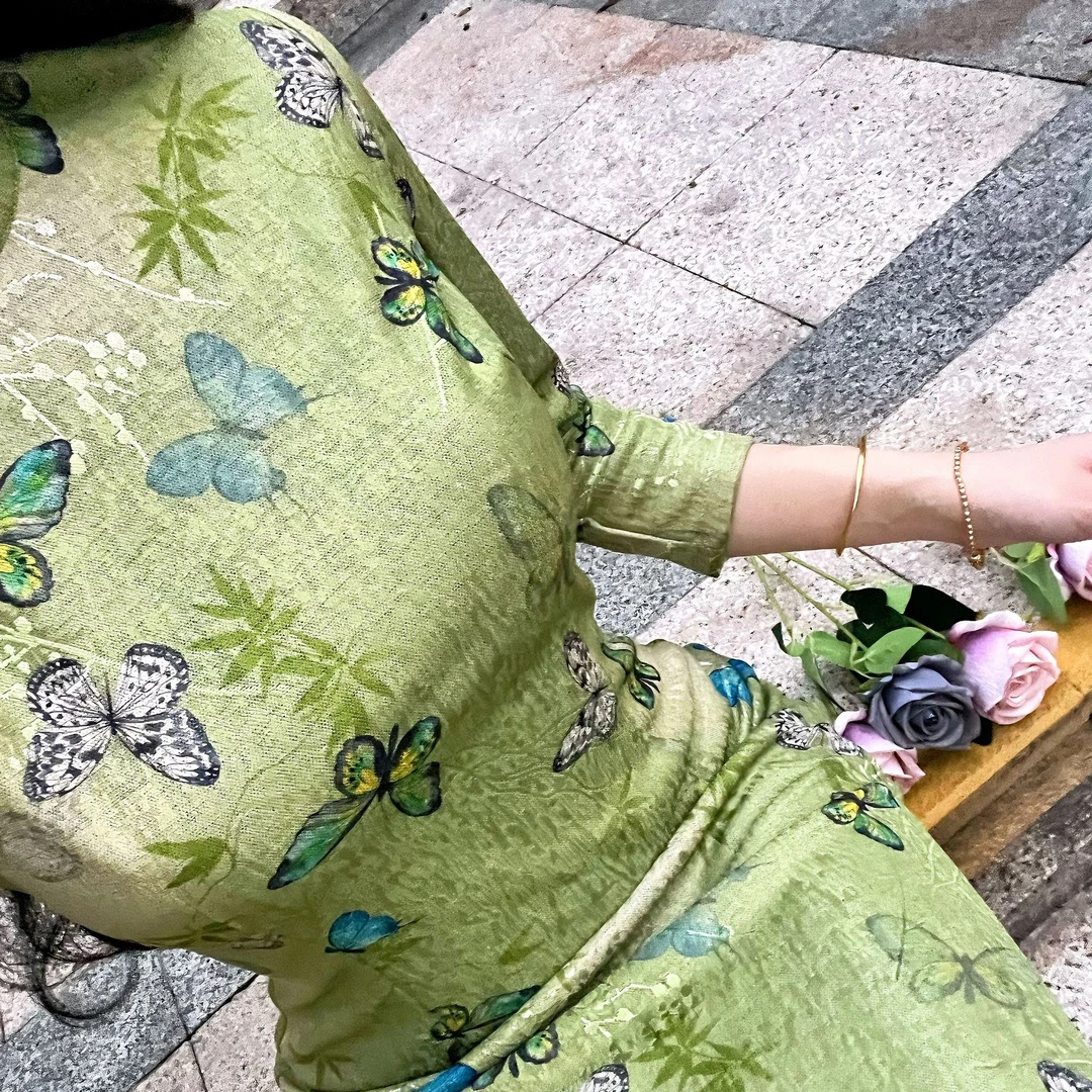画报夫人原创自制秋冬温柔复古显白七分袖旗袍  绿倾
