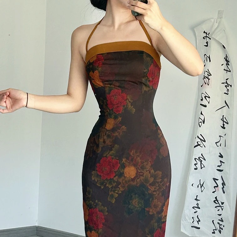 画报夫人原创自制牡丹吟吊带小翻领古法曳地旗袍改良连衣裙