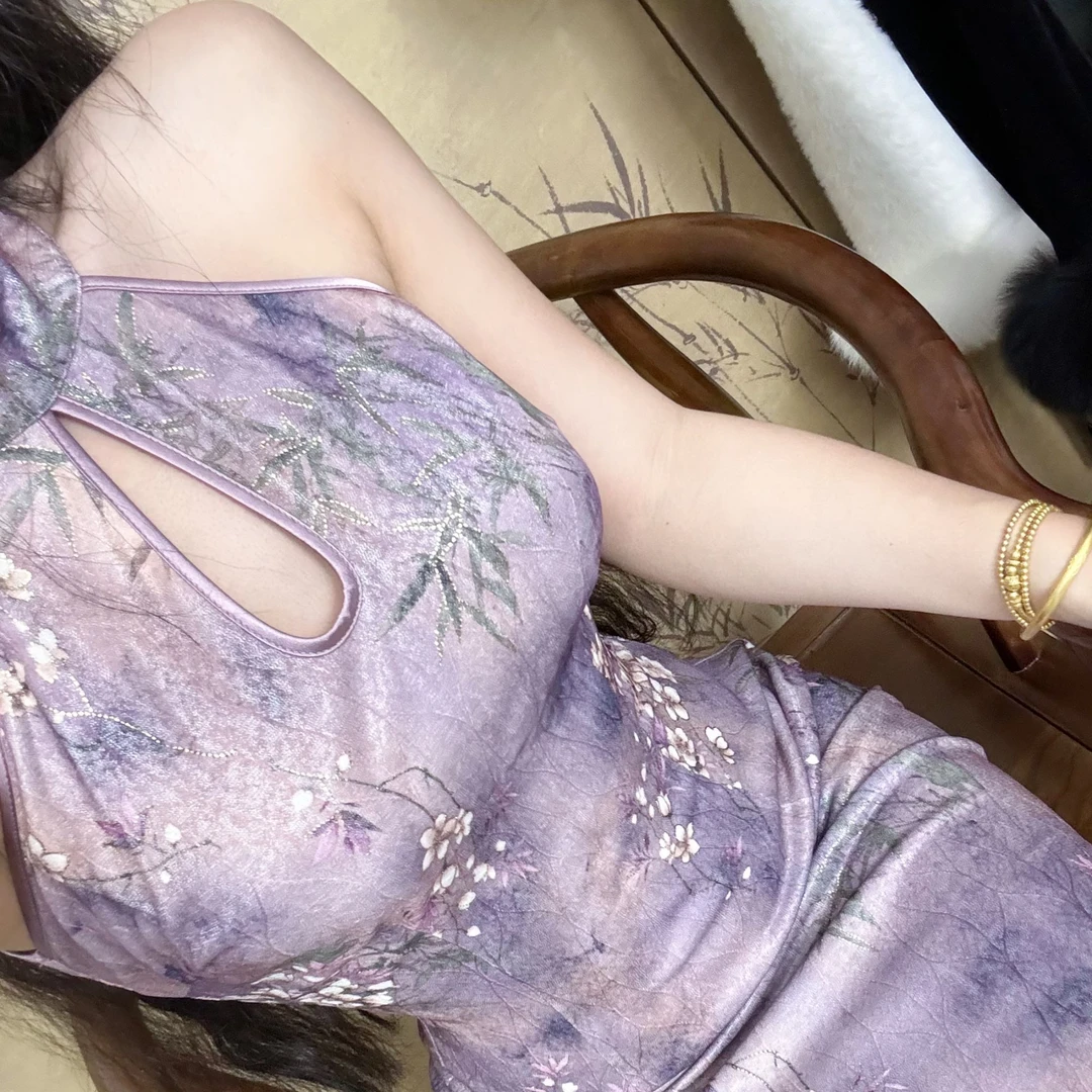 LHMknk1画报夫人原创自制高级烫金挖肩旗袍连衣裙 椿香草