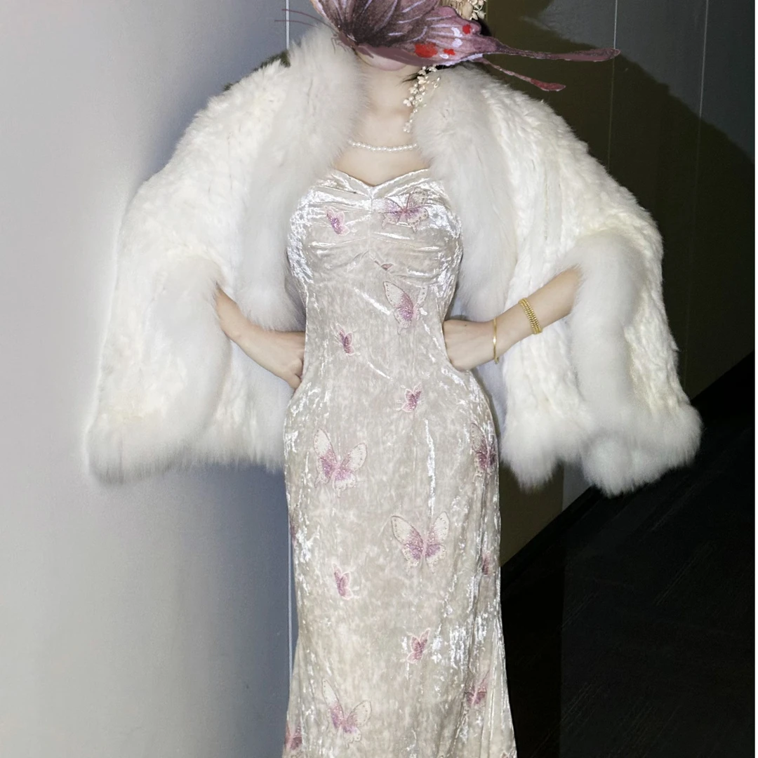 LHMknk1活动画报夫人原创自制刺绣蝴蝶鱼尾吊带连衣裙 一只白蝴蝶