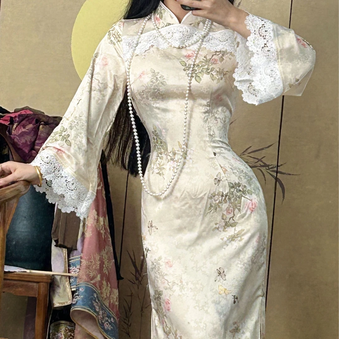 画报夫人原创自制新中式温柔蕾丝倒大袖旗袍 绾如