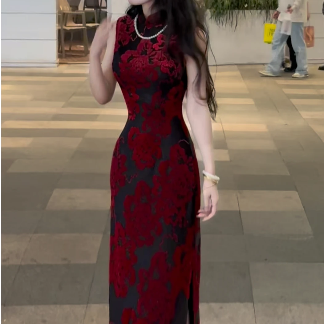 LHMknk1画报夫人原创自制高级立体花朵无袖港工旗袍婆娑红加绒