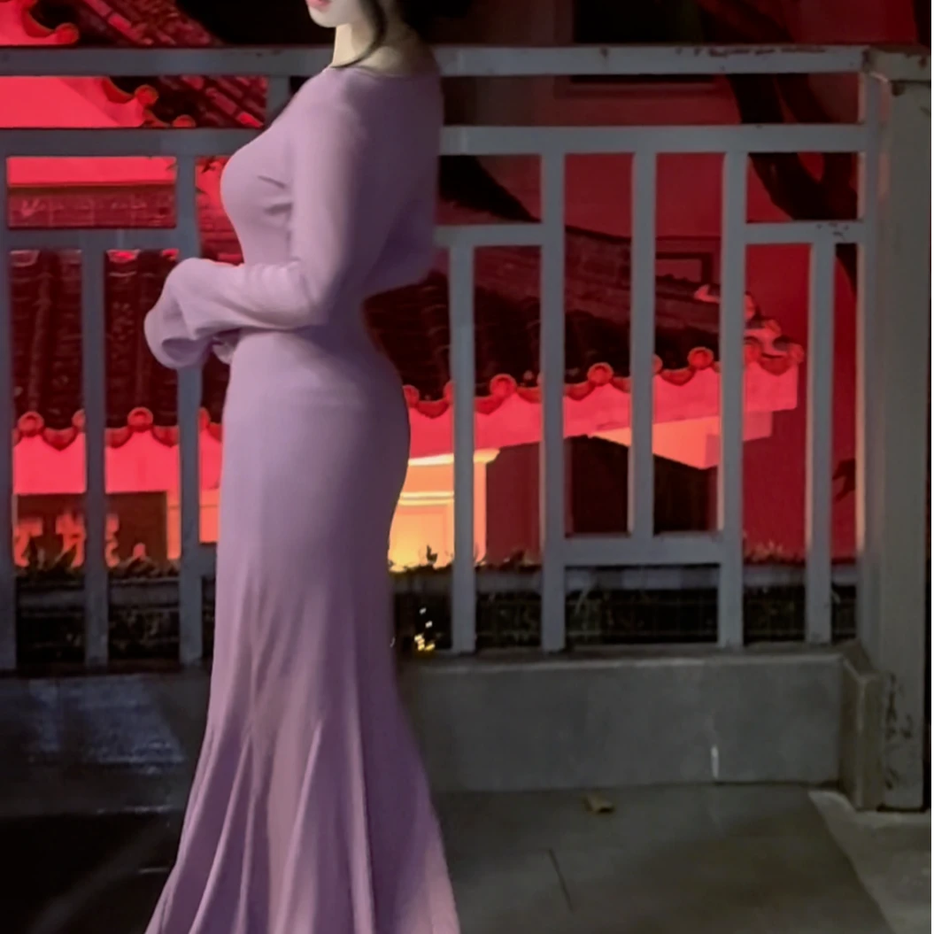 画报夫人原创自制厚款针织步步生莲紫色连衣裙 紫色方领步步生莲