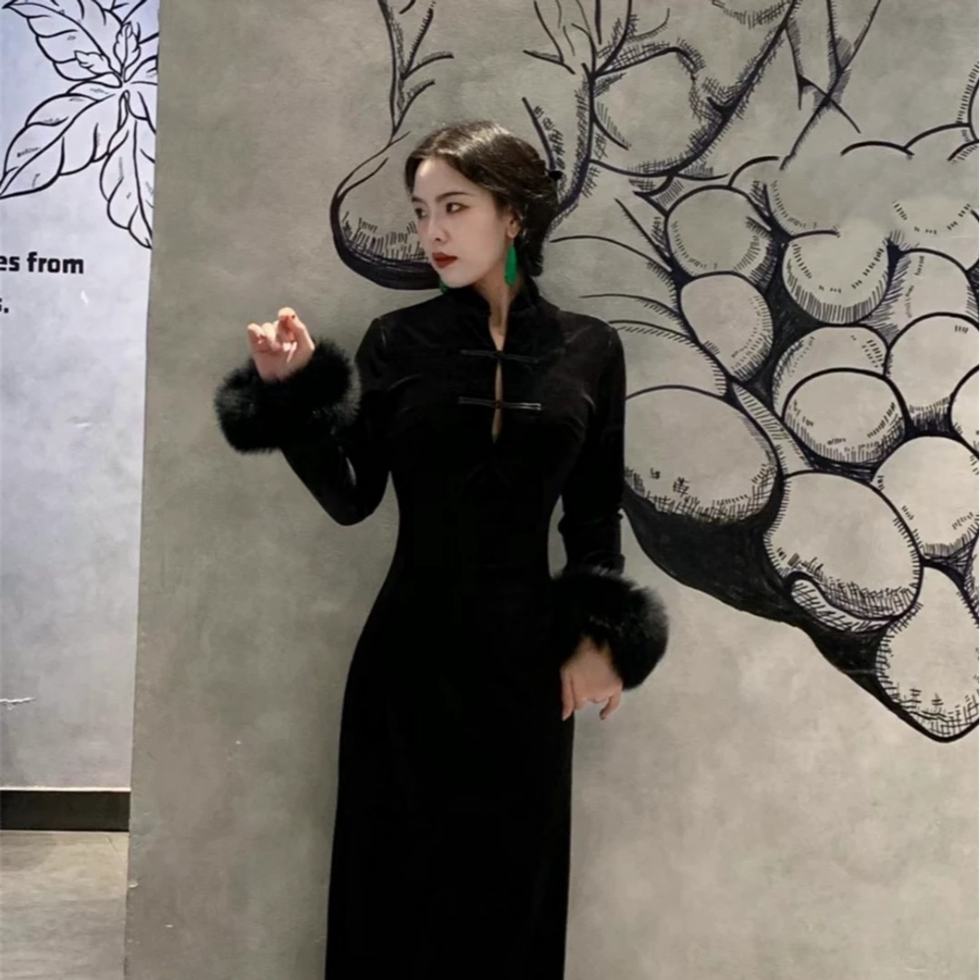 画报夫人原创自制经典复活丝绒贵妇旗袍 黑腔太太 特价不退不换