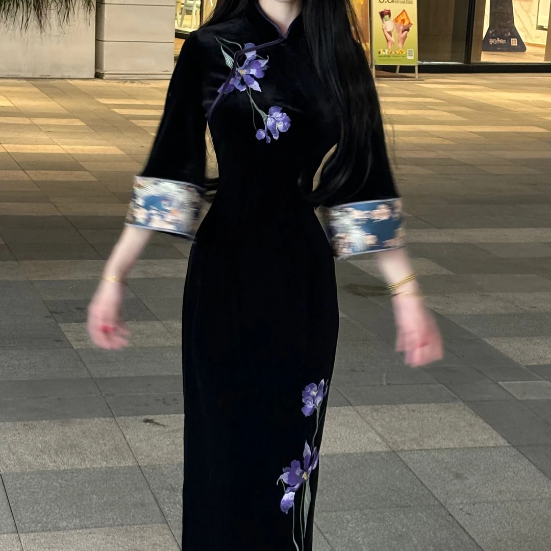 LHMknk1活动画报夫人原创自制刺绣丝绒倒大袖旗袍连衣裙 兰妃娘