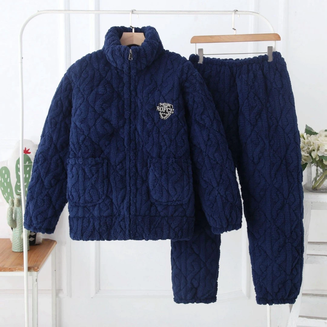 拉链睡衣男冬季加厚三层夹棉法兰绒提花面料立领可外穿家居服套装