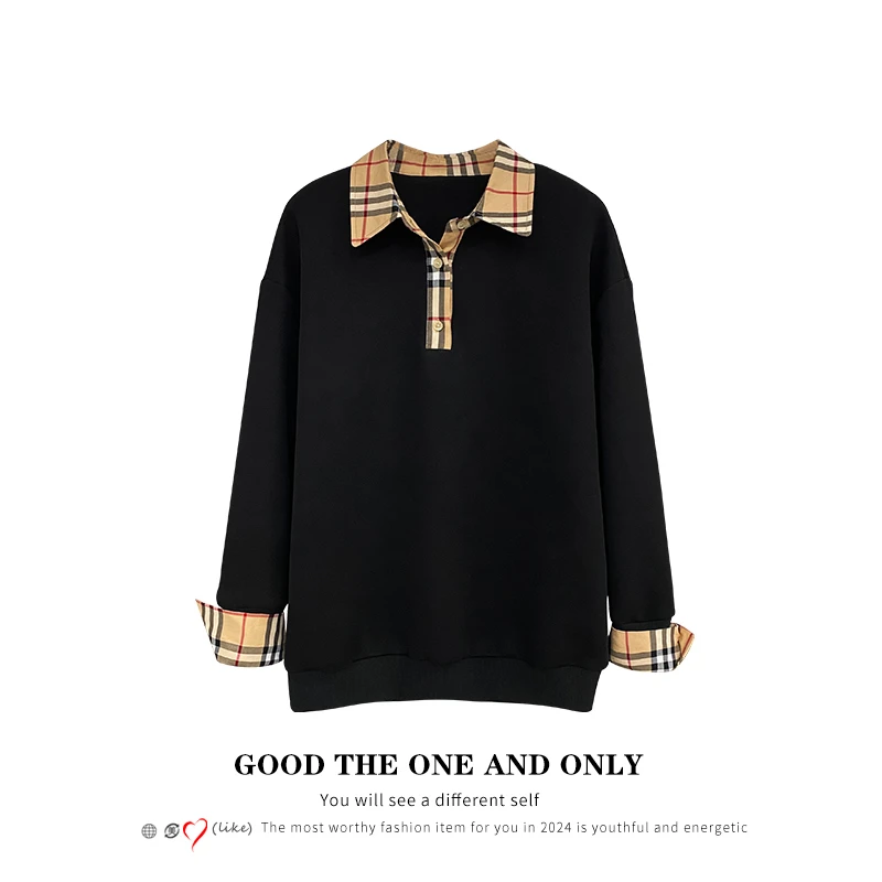 【梦里千帆】高级设计感格纹撞色拼接假两件长袖T恤卫衣720006