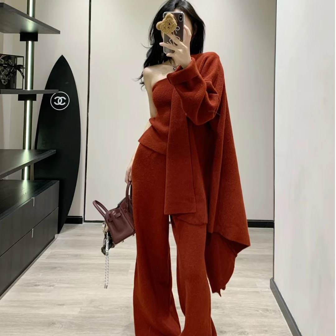 纯欲宽松小香风女针织开衫露肩背心长裤三件套入秋搭配整套慵懒风