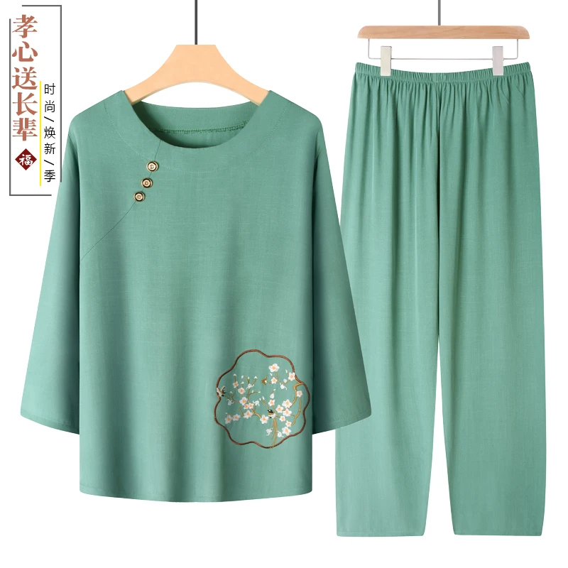 春秋睡衣棉绸中老年老人妈妈中年大码家居服套装夏季外出女士宽松