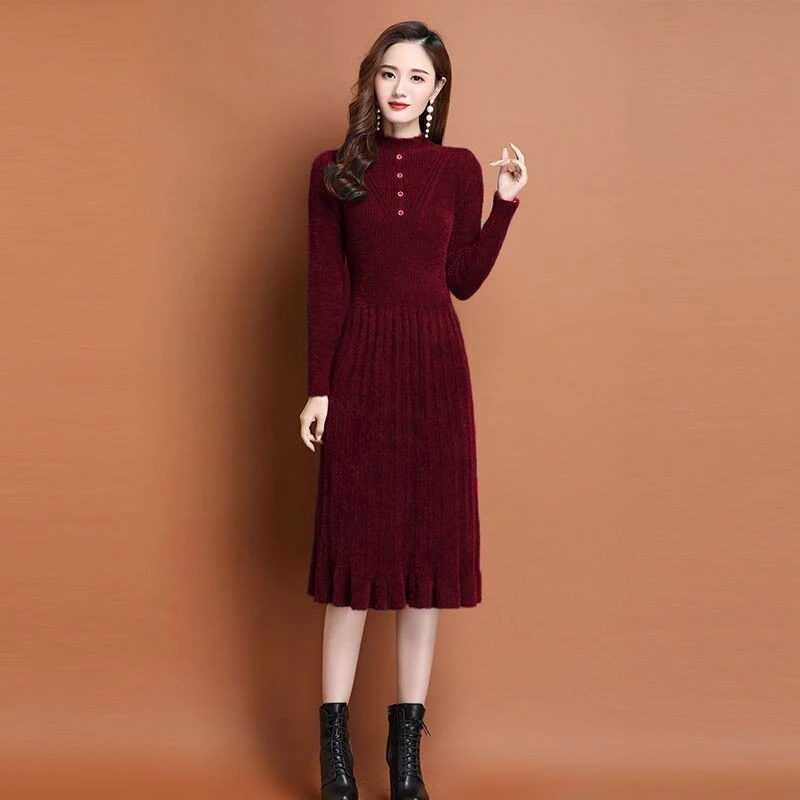 冬季显瘦连衣裙高领加绒加厚长袖大码修身保暖秋冬针织打底时尚